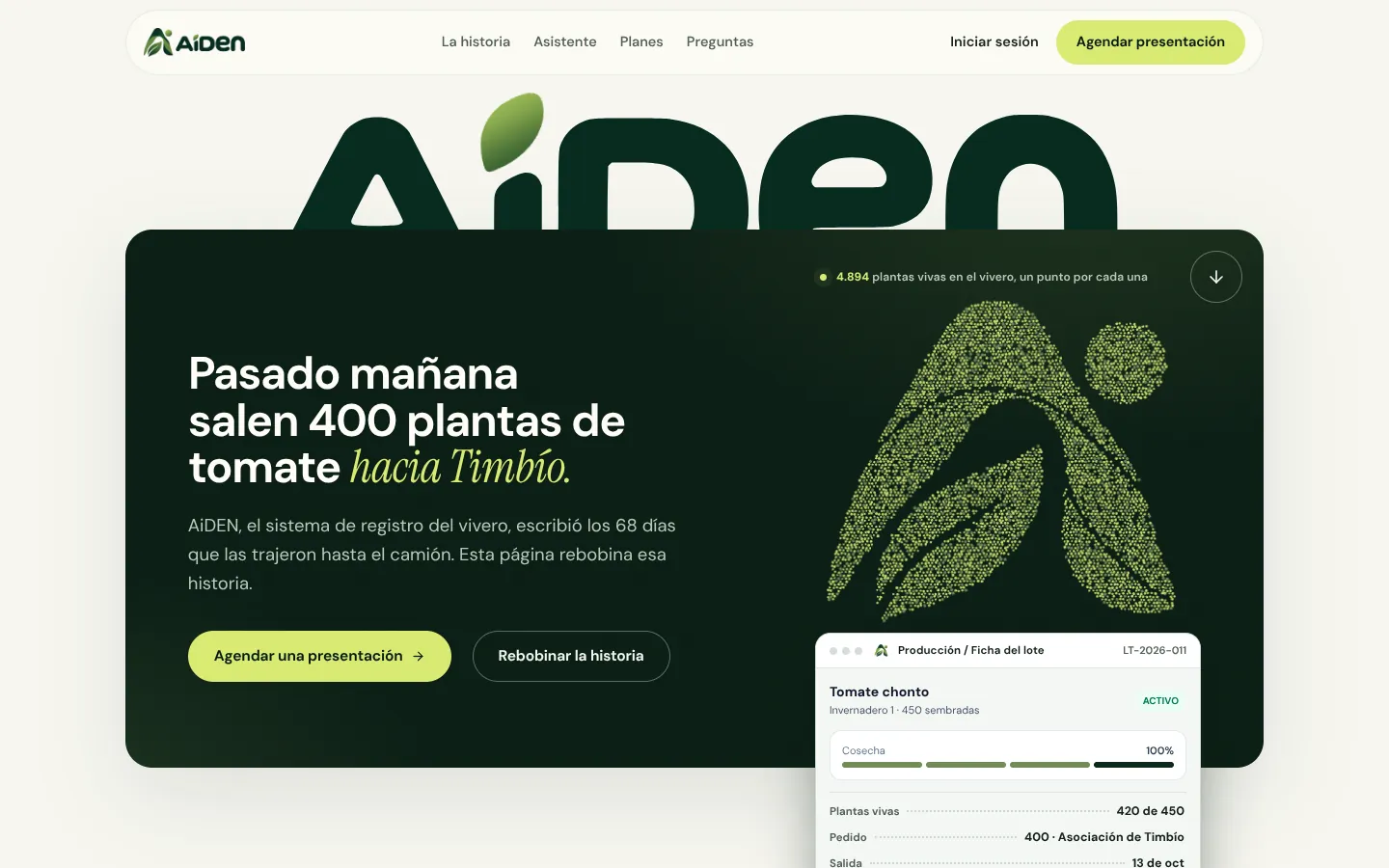 Landing de AiDEN: titular sobre un lote de tomate y el isotipo formado por miles de puntos verdes