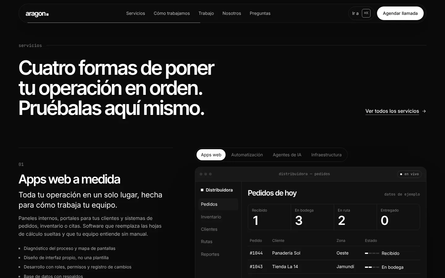 Servicios de Aragon con una demo de pedidos que avanzan por estados